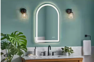Espejo tocador de pared con luz LED antiniebla sin marco arqueado Glacier Bay 24" W x 36" H Foto 1 de 4