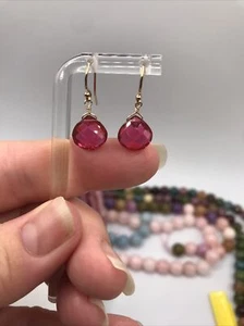 14K GF Pink Tourmaline Earrings Briolette Dangle 10mm SIMULATED . - Picture 1 of 6