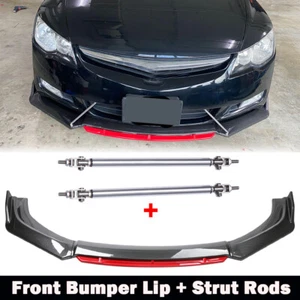 Carbon Fiber Front Bumper Lip Splitter + Strut Rods For Honda Civic DX Hatchback - Picture 1 of 10