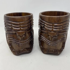Pair Vintage Wood Tiki Mug Carved Collectible Coffee Cup Wood Face Monkeypod 5" - Picture 1 of 16
