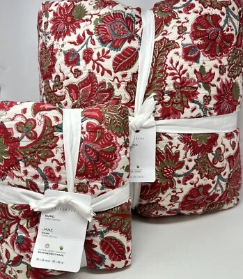 Nuevo ~ Edredón Floral Artesanal Pottery Barn Jane ~ Rojo ~ Reina Completa + 2 Euro Shams Foto 1 de 4