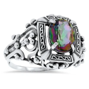 VICTORIAN STYLE  MYSTIC QUARTZ  925 STERLING SILVER SOLITAIRE FILIGREE RING 075z - Picture 1 of 3