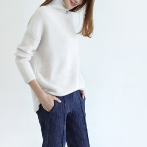 Women Thick Wool Blend Jumper Oversized Cashmere Knitwear Turtleneck Sweater New