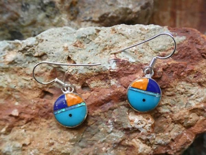 Zuni Sun God Multi Color Gemstone Opal Southwest Sterling Silver Earrings AH62 - Picture 1 of 6