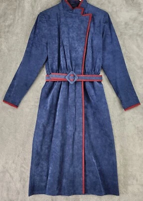 Womens Dress Medium Blue Red Trim Faux Suede Belted Long Sleeve 70s Vintage - Image 1 of 4