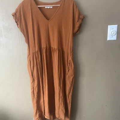 Vestido Lou & Grey Boho Talla Pequeña Babydoll Mezcla de Lino Manga Corta Marrón Calabaza Foto 1 de 4