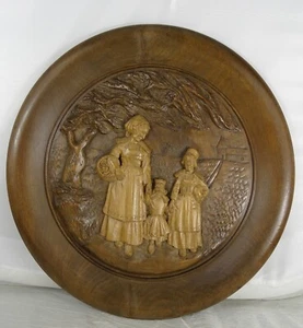 Antique French Hand Carved Wood Solid Wall Plate Breton Mother+Child 17" diam - Picture 1 of 19