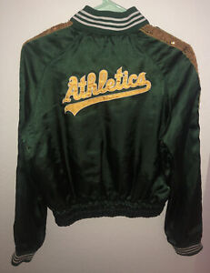 Vintage Oakland Athletics A’s Youth Satin Medium Green  Zip Up Jacket MLB