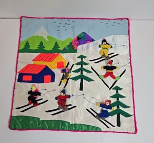 Peruvian Arpillera Embroidered Handmade Wall Hanging Folk Art Tapestry Skiing - Picture 1 of 14