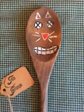 Primitive Antique Wooden Spoon Hand Painted Halloween Cat Face & Cute Gift Tag