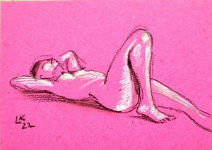 Original Female Nude Line Drawing 12x8 OOAK Signed Pink Paper Bedroom Bath Wall - Picture 1 of 5