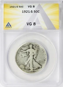Medio dólar Walking Liberty 1921-S 50c ANACS VG8 - Imagen 1 de 4
