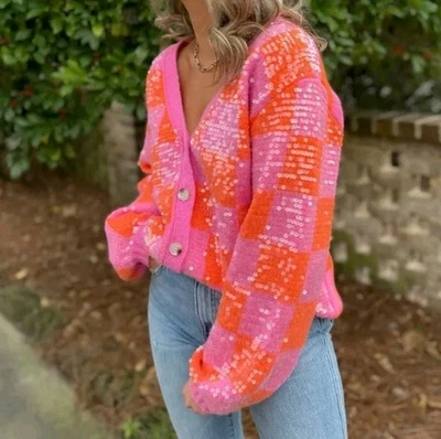 Bibi Cardigan Sweater Woman XL Pink Orange Checkerboard Clear Sequins V-neck Nwt - Image 1 of 4