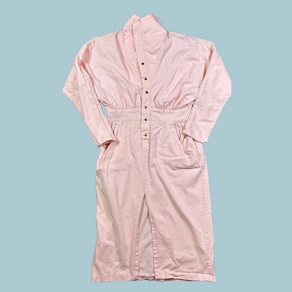 Vestido midi vintage Oops California años 80 utilitario rosa pastel a presión mediano para mujer Foto 1 de 4