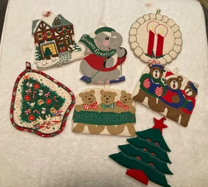 Set of 7 Vintage Christmas Fabric wall Art Decorations pot holders - Picture 1 of 6