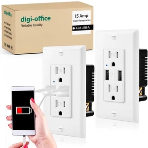 2 Pack 4.2A Dual USB Outlet 15A Wall Receptacle Socket Panel w/ Wall Plate TR UL - Picture 1 of 12