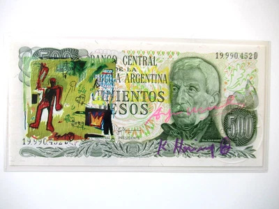 A. WARHOL/K. HARING/J. M.BASQUIAT: 500 PESO BANKNOTE 3x SIGNIERT, SKIZZIERT - Bild 1 von 4