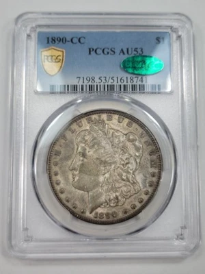 1890 CC Morgan Silver Dollar $1 PCGS AU53 CAC Green Bean Original Nice *K113 - Image 1 of 4