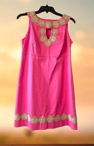 Lilly Pulitzer Womens Barbie Pink Shift Dress Gold Lace Accents Size 4 - Picture 1 of 8