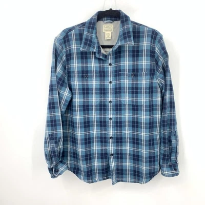 LL Bean Men Size Medium Shirt Button Down Top Blue Flannel Fleece Lined Organic - Image 1 of 4