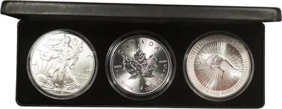 Juego de 3 monedas de lingotes de plata 2016 1 oz American Eagle, hoja de arce y canguro con caja Foto 1 de 4