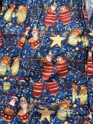 Christmas Scrub Jacket Snowmen Royal Blue Mittens Cotton Medium Women’s - Image 1 of 4