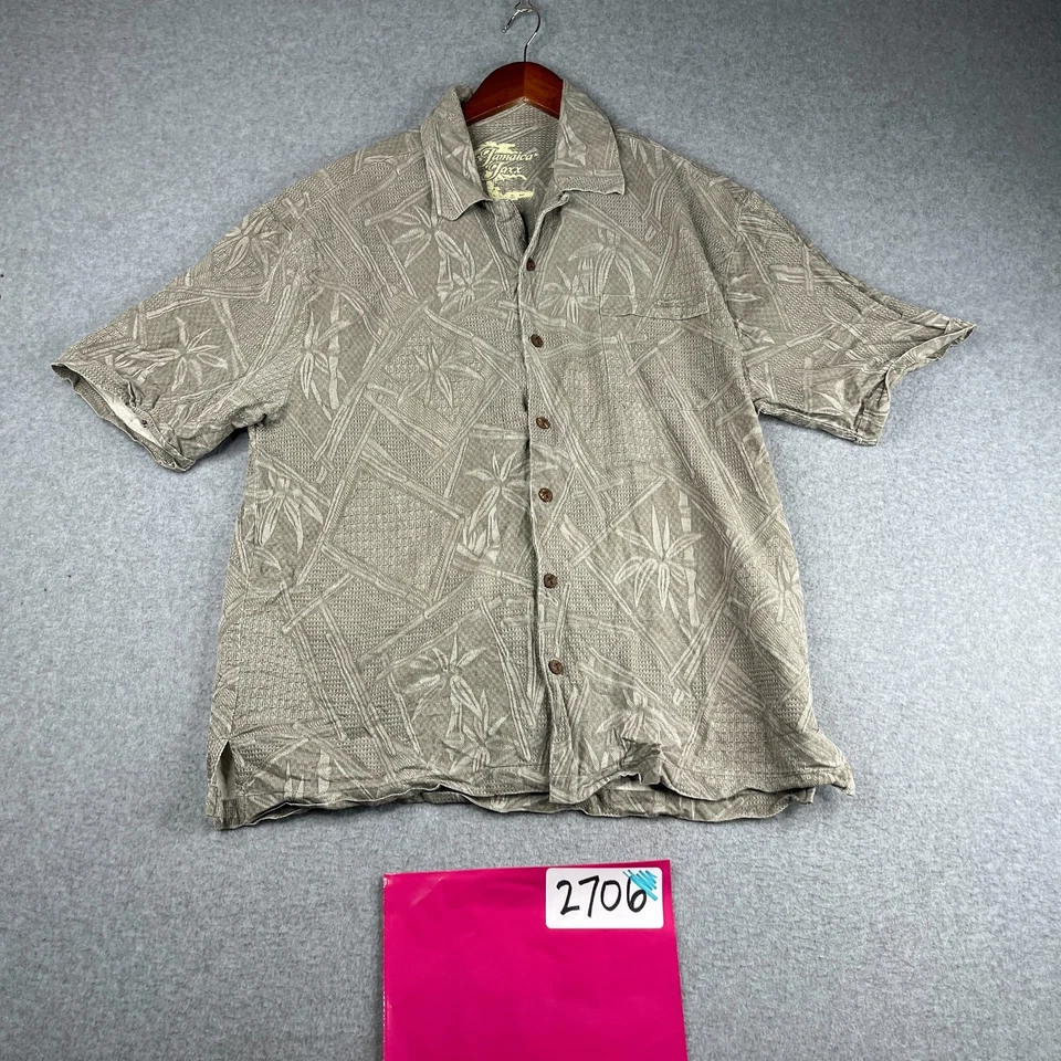 Camisa Jamaica Jaxx Seda Grande Gris Bambú Árboles Playa Abotonada Manga Corta Hombres Foto 1 de 4