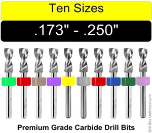 Drill Bit Set 10 Sizes From 4.40mm to 6.35mm .173 to .250" Carbide 1/8 Shank C7 - Picture 1 of 4