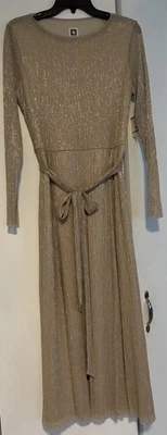 Vestido Midi Anne Klein Feminino Dourado Crinkle Longo Slv Cintura Metálica Laço Tamanho 12 Novo com etiquetas - Imagem 1 de 4
