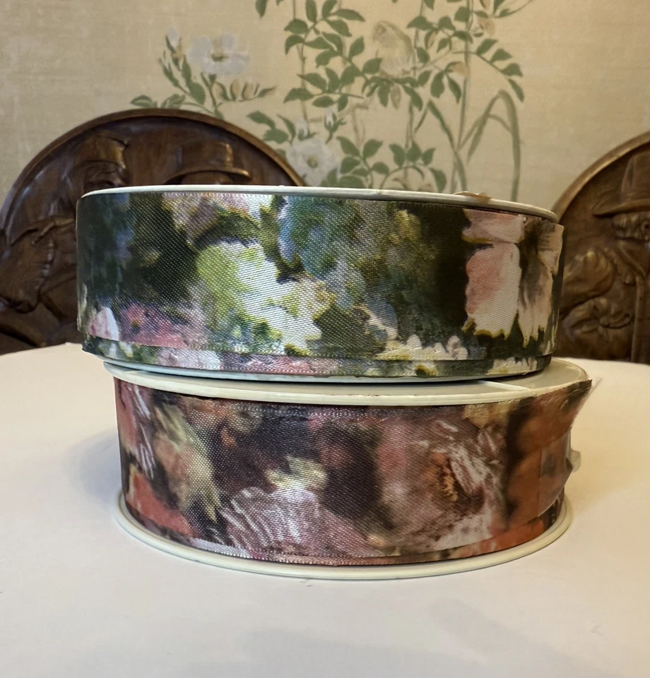 100 Yards Vintage Pink Green Floral Satin Ribbon Italy - Image 1 of 4