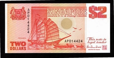 Billete de dos dólares de Singapur ND 1990 velero nítido UNC Foto 1 de 2