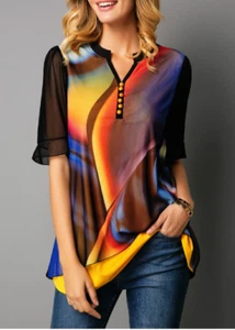 Printed Button Detail Faux Two Piece Blouse - Picture 1 of 7