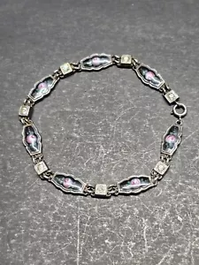 VINTAGE ENAMEL STERLING BRACELET CABBAGE ROSES black pink rhinestones - Picture 1 of 5