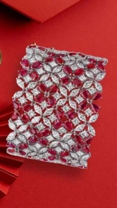 Lab Ruby Statement Cuff Bracelet 925 Sterling Silver Handmade Genuine Jewellery - Picture 1 of 3