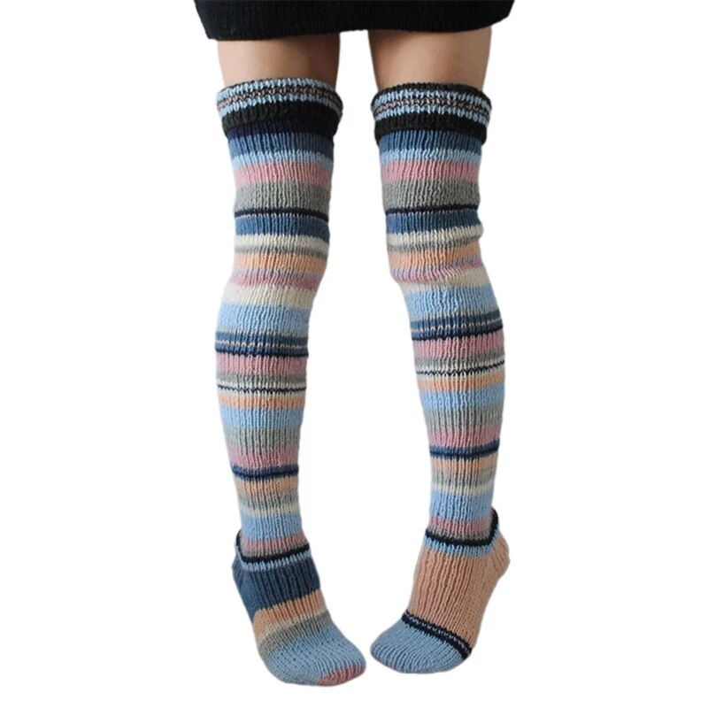 Calcetines tejidos de invierno a rayas vintage hasta el muslo sobre la rodilla calcetín suave cálido Foto 1 de 4