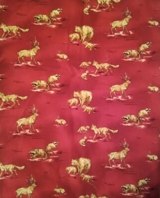 VINTAGE ROBERT KAUFMAN "BARN DANDY'S RED FLANNEL WILDLIFE ANIMALS Fabric 56"x28" - Image 1 of 2