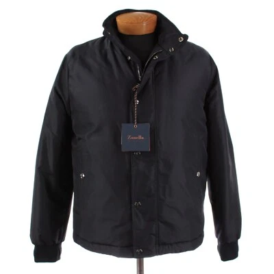 Chaqueta de nailon acolchada Zanella nueva con etiquetas con capucha opcional talla mediana EE. UU. en azul liso Foto 1 de 4