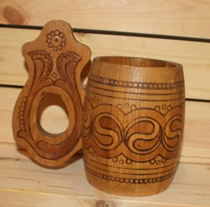 Taza de cerveza de madera pirográfica hecha a mano vintage - Imagen 1 de 11