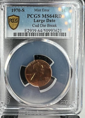 1970 S Lincoln Penny Cent, 1C, Large Date CUD die break ERROR PCGS MS 64 RD - Image 1 of 4