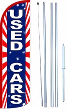 Used Cars Extra Wide Windless Sign Flag Jumbo Banner 17' pole/spike/bag made Usa