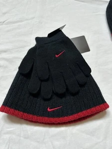 NIKE BLACK / GYM RED YOUTH KNIT BEANIE HAT & GLOVE 2 PICECE SET FREE SHIPPING - Picture 1 of 4