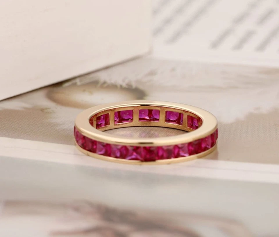 Ruby Wedding Band Ruby Full Eternity Band 925 Sterling Silver Gold Plated Band - Image 1 of 4
