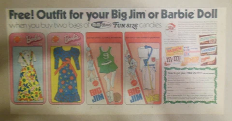 Mattel Toys Ad: Barbie Outfits M&M/Mars Premium from 1974 Size: 7.5 x 15 inch Cover