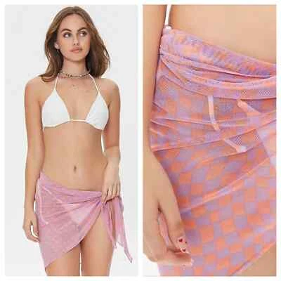 F21 волнистый клетчатый Y2K плавать прикрытие саронг надежном юбка - лосось / лаванда - Изображение 1 из 4