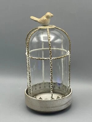 Candelabro pilar jaula de pájaros de vidrio abovedado con figura de pájaro marfil envejecido Foto 1 de 4