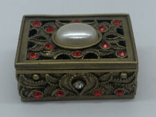Rectangle Enamel Red Jeweled Rhinestone & Center Pearl-Like Stone Trinket Box
