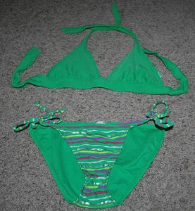 Swimwear 2PC Bikini OLD NAVY Junior Small Top & Medium Bottom Green Stripes Star - Picture 1 of 2