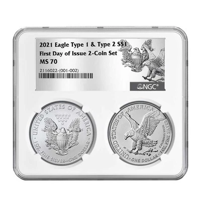 Juego Silver Eagle 2021 $1 tipo 1 y tipo 2 etiqueta NGC MS70 FDI T1 T2 Foto 1 de 2