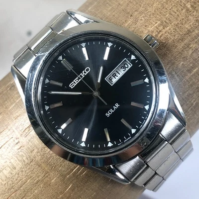 Seiko Men V158-0AB0 Dress Black Dial Date Stainless Solar 37mm Watch 7 1/2" - Image 1 of 4