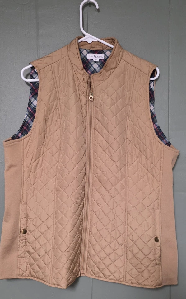 XL Bronceado Kim Rogers Bronceado Acolchado Chaleco Puffer Negro Blanco Pata de Gallo Lateral Elastizado Foto 1 de 4